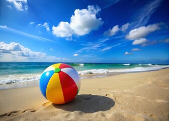Obraz premium Vibrant Beach Scene with Colorful Beach Ball on the Shore, Perfect for Summer Vibes and Fun Activities, Ideal for Travel, Leisure, and Vacation-Themed Content