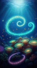 Enchanting underwater seascape with glowing fish coral reefs
