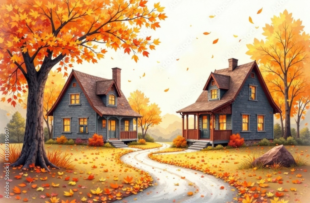 Poster Two quaint houses sit near a winding path lined by colorful autumn trees and falling leaves, creating a serene fall atmosphere. Generative AI
