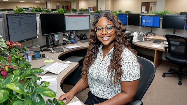 Professional Woman Working in a Modern Office Environment With Plants and Multiple Computer Screens Around Her