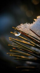Glistening water droplet on pine needle with