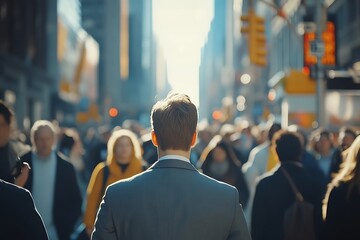 Man in Suit Walking Through Blurred City Rush Hour