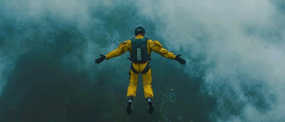 A person in a yellow suit is soaring through foggy skies, embodying adventure and the thrill of extreme sports.