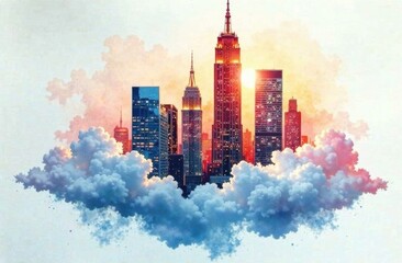 Obraz premium A vibrant sunset casts warm hues over a bustling city skyline, with towering skyscrapers peeking through soft clouds. Generative AI