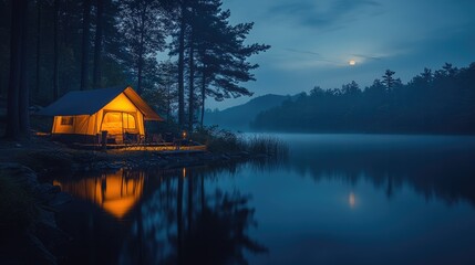 Fototapeta premium A serene lakeside camping scene with a glowing tent under a moonlit sky.