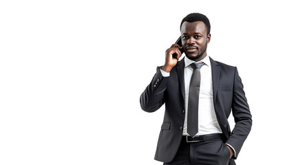 Attractive business man in suit talking on phone,white banner,copy space,business concept.