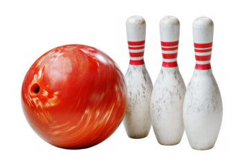 red bowling ball and white bowling pins isolated on transparent background