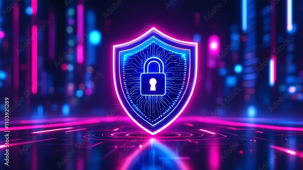 Poster digital shield symbolizing cybersecurity. this vibrant image showcases protection and technology in 
