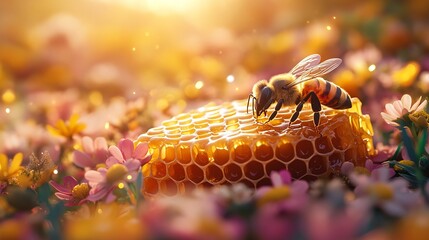 Honeybee on Honeycomb in a Vibrant Floral Meadow: A Golden Sunset Scene