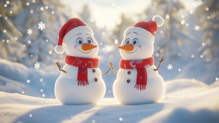 Obraz premium Two Cute Cartoon Snowmen in a Winter Forest Scene