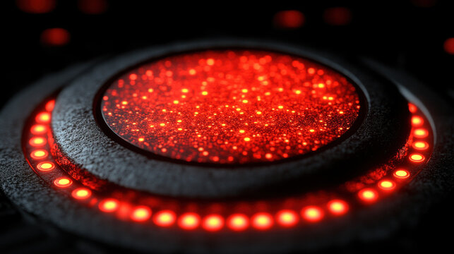 glowing red circular interface with textured surface, surrounded by illuminated dots, creates futuristic and captivating atmosphere