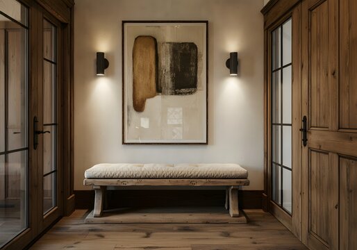Farmhouse, rustic interior design of modern hall, home. Rustic entryway with wooden bench, neutral decor, textured cushion, and abstract art in a warm, welcoming space.