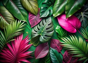 Vibrant Collection of Tropical Leaves in Green and Pink Hues Perfect for Fashion Photography and Creative Design Needs
