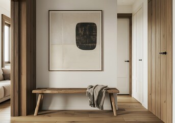 Farmhouse, rustic interior design of modern hall, home. Rustic entryway with wooden bench, neutral decor, textured cushion, and abstract art in a warm, welcoming space.