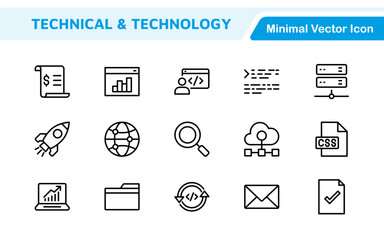 Technology and Development Icon Set. Modern and innovative icons tailored for tech apps and projects, perfect for showcasing development tools, software solutions, and cutting-edge technologies.