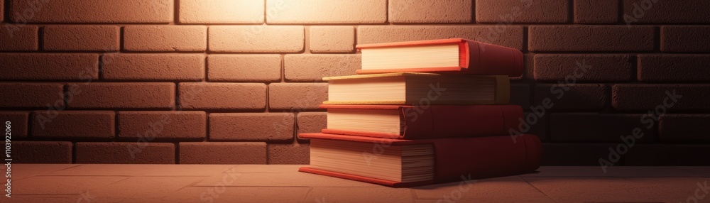 Poster a stack of books rests on a wooden surface against a brick wall, illuminated by soft light, creating