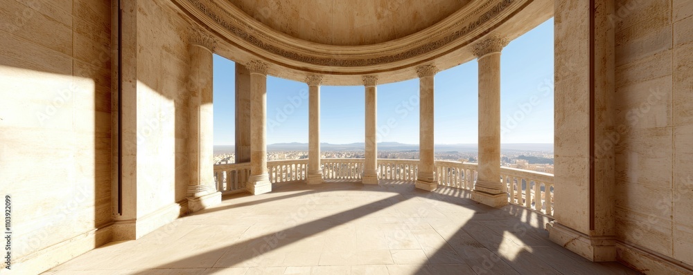 Poster a bright, spacious architectural space with columns, offering an expansive view and a sense of tranq