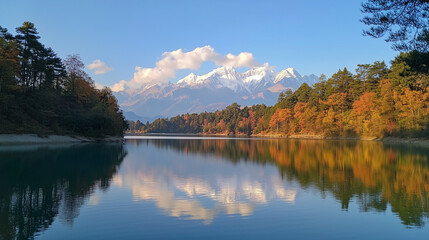 Naklejka premium Alpine Lake with Autumn Forest and Mountains