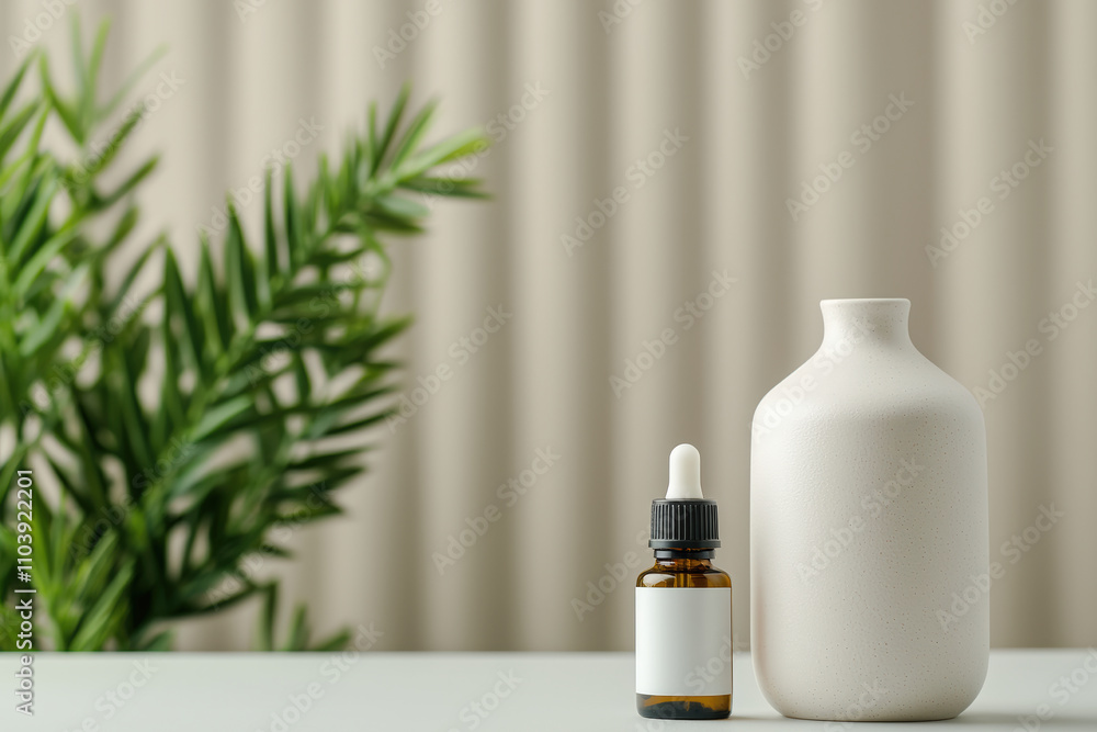 Poster Essential oils creating a refreshing wellness atmosphere on a light table