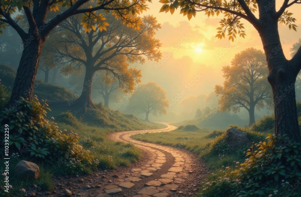 Poster a winding path leads through a tranquil forest at sunrise, where soft light filters through the tree