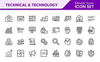 Technology and Development Icon Set. Modern and innovative icons tailored for tech apps and projects, perfect for showcasing development tools, software solutions, and cutting-edge technologies.