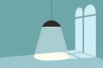 Pendant lamp casts soft glow, cool tones create serene, calming atmosphere