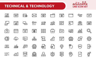 Technology and Development Icon Set. Modern and innovative icons tailored for tech apps and projects, perfect for showcasing development tools, software solutions, and cutting-edge technologies.