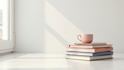 Language textbooks for bilingual education. Stacked books and a green apple sit on a table beside a potted plant, creating a serene and thoughtful study ambiance.