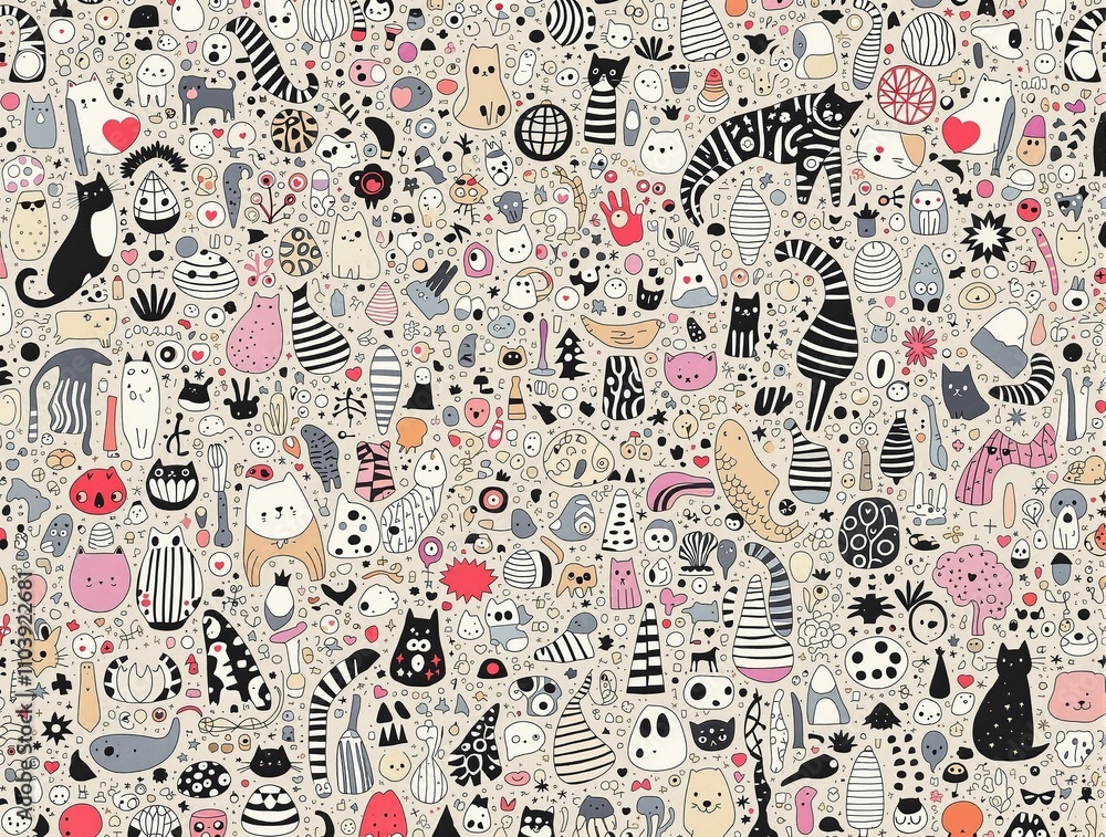 Aufkleber whimsical animal pattern with cute cat and dog designs in a repeating sequence of simple shapes, sti