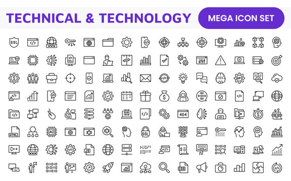 Technology and Development Icon Set. Modern and innovative icons tailored for tech apps and projects, perfect for showcasing development tools, software solutions, and cutting-edge technologies.
