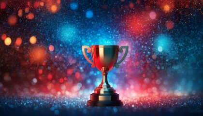 Red E-Sports winner trophy with blue and red bokeh. Created with generative AI technology