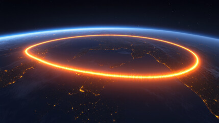 Global network illuminated by vibrant orange arc over Earth, showcasing technological connections and sense of unity. scene captures beauty of our planet at night