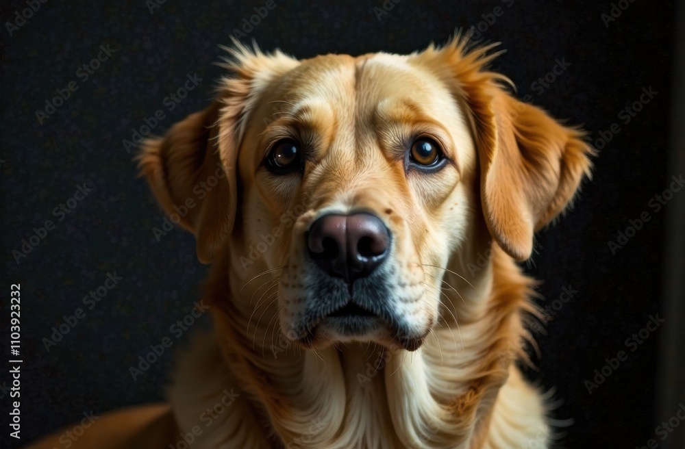 Poster a golden retriever gazes thoughtfully, displaying its gentle demeanor and distinct features amidst a