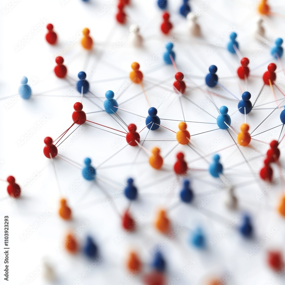 Poster a colorful network of interconnected figures representing social connections and relationships.
