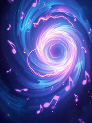 Whirling cosmic vortex of swirling colorful musical notes set amidst an otherworldly space, abstract visual music composition, vibrant hue combinations, rhythmic galaxiescape
