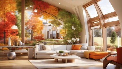 Fototapeta premium living room with autumn-colored tree furniture and coffee table.