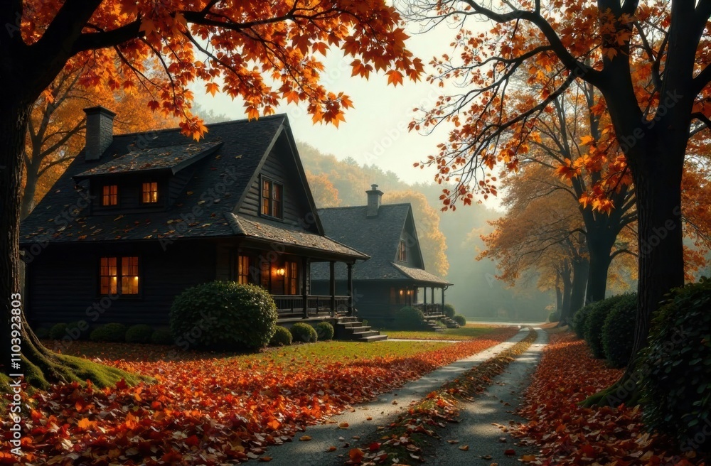Poster two charming houses are nestled in a peaceful setting filled with brilliant autumn foliage, creating