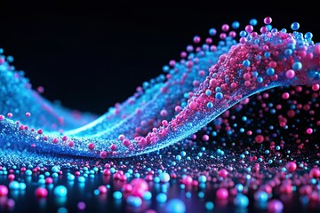 Vibrant Digital Wave Art in Blue and Pink Dots on Dark Background, Capturing Energetic Motion Through Macro Photography Techniques