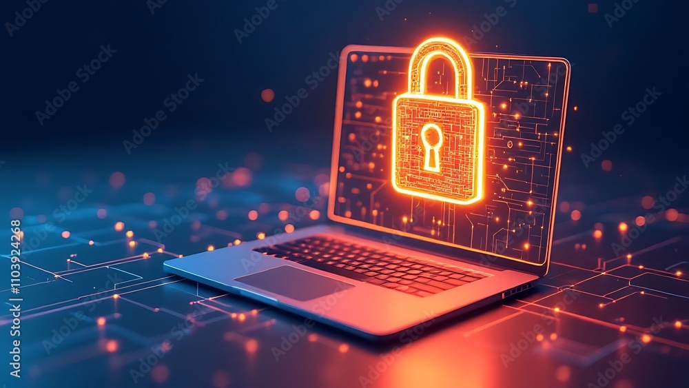 Poster laptop with padlock and security concept from lines, triangles and particle style design.