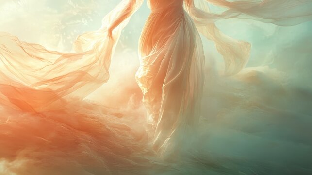 figure dressed in soft flowing translucent fabric gown