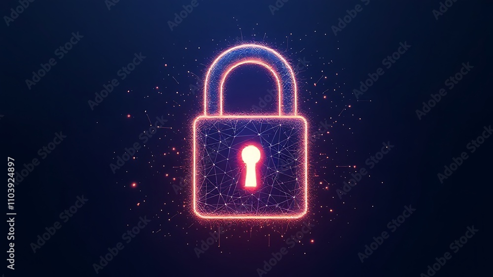 Poster cyber security concept. lock symbol from lines and triangles, point connecting network on blue backg