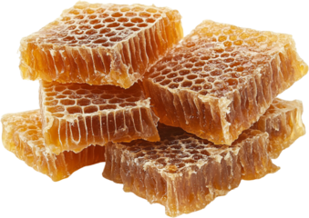 Natural beeswax blocks stacked on a clear backdrop showcasing organic texture and color variations