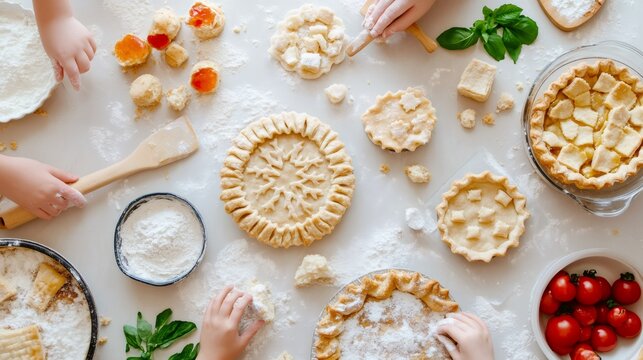 pie baking contest, participants of all ages compete in a creative pie-baking competition, decorating their pies with intricate designs amidst a flurry of flour, rolling pins, and fresh ingredients