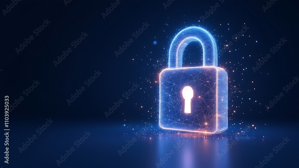 Poster cyber security concept. lock symbol from lines and triangles, point connecting network on blue backg