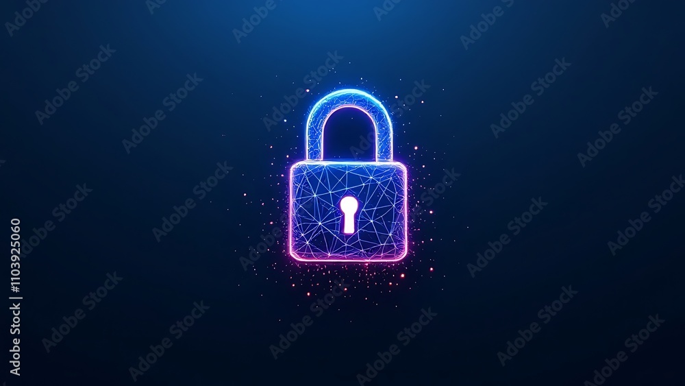 Poster cyber security concept. lock symbol from lines and triangles, point connecting network on blue backg