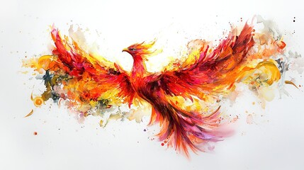 A vibrant, artistic depiction of a phoenix in fiery colors, symbolizing rebirth and renewal, surrounded by a burst of colorful splashes.