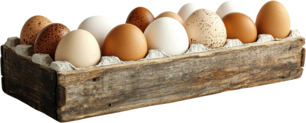 Freshly collected farm eggs displayed in a rustic wooden crate against a transparent backdrop for culinary inspiration