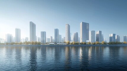 Fototapeta premium A city skyline with tall buildings along the river, showcasing modern architecture and urban development in China