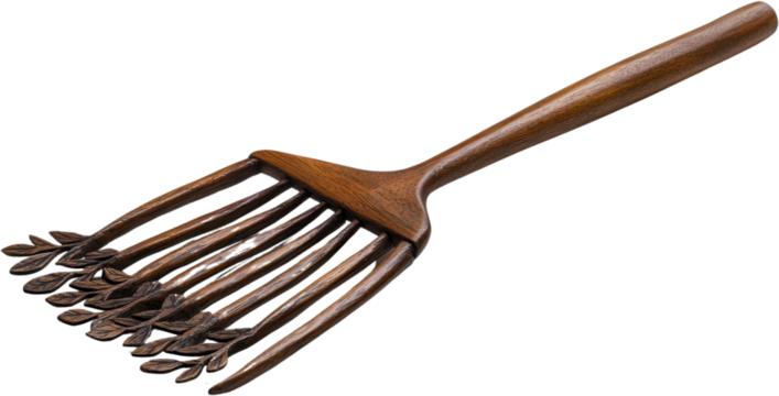 Unique wooden rake with leaf-shaped prongs designed for artistic gardening and landscaping purposes