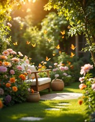 Obraz premium Butterflies flying over blooming flowers in peaceful garden at sunset